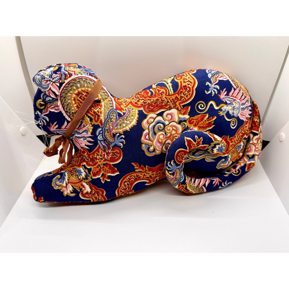 Vintage Elizabeth‎ Arden Chinoiserie Cat Dragon Print Plush Blue Gold 9 Inch